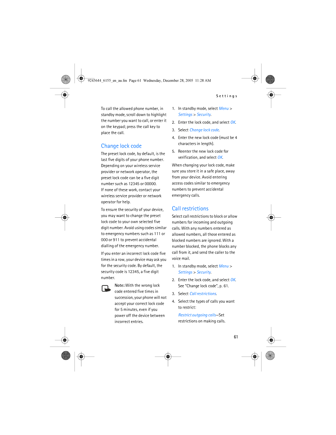 Nokia 6155 manual Select Change lock code, Select Call restrictions 