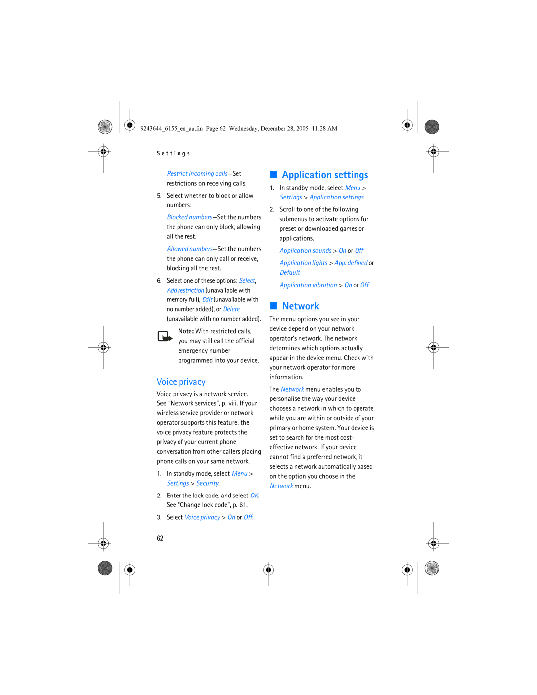 Nokia 6155 manual Application settings, Network, Voice privacy, Select whether to block or allow numbers 