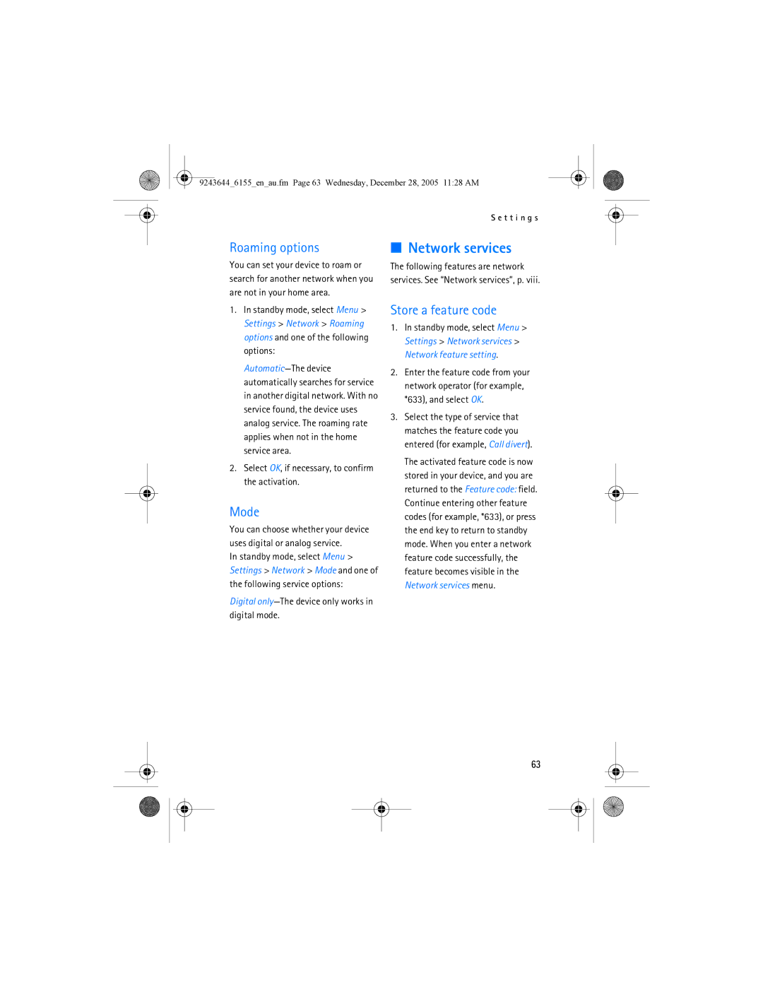 Nokia 6155 manual Roaming options, Mode, Store a feature code, Network services 