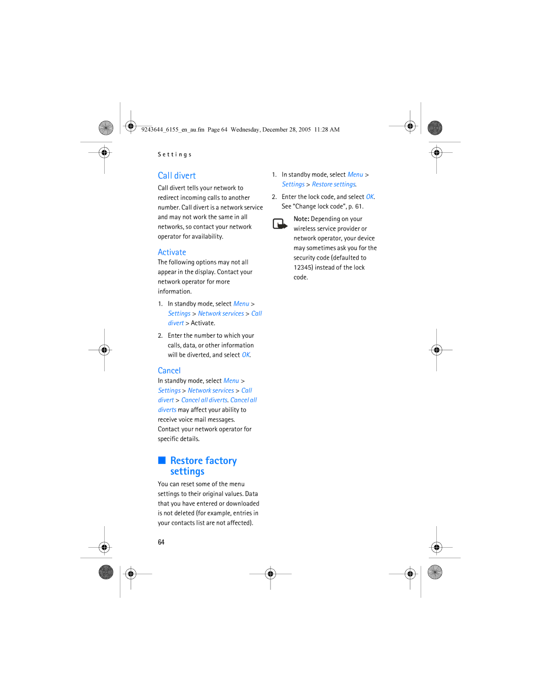 Nokia 6155 manual Call divert, Activate, Cancel, Restore factory settings 