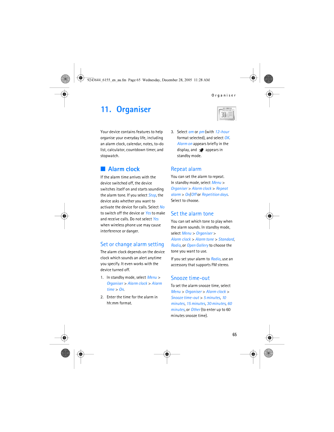 Nokia 6155 manual Organiser, Alarm clock, Repeat alarm, Set the alarm tone, Snooze time-out 