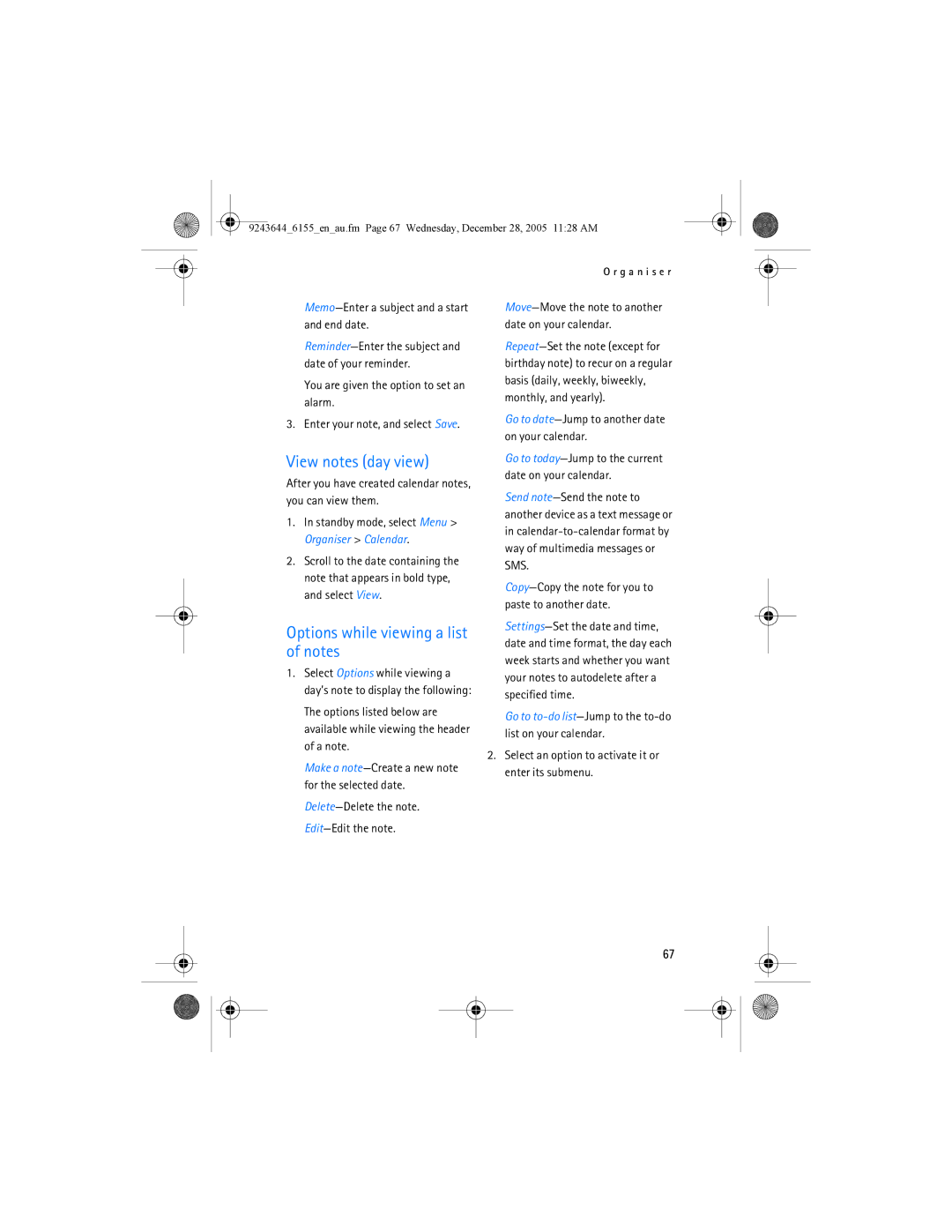 Nokia 6155 manual View notes day view, Options while viewing a list of notes 