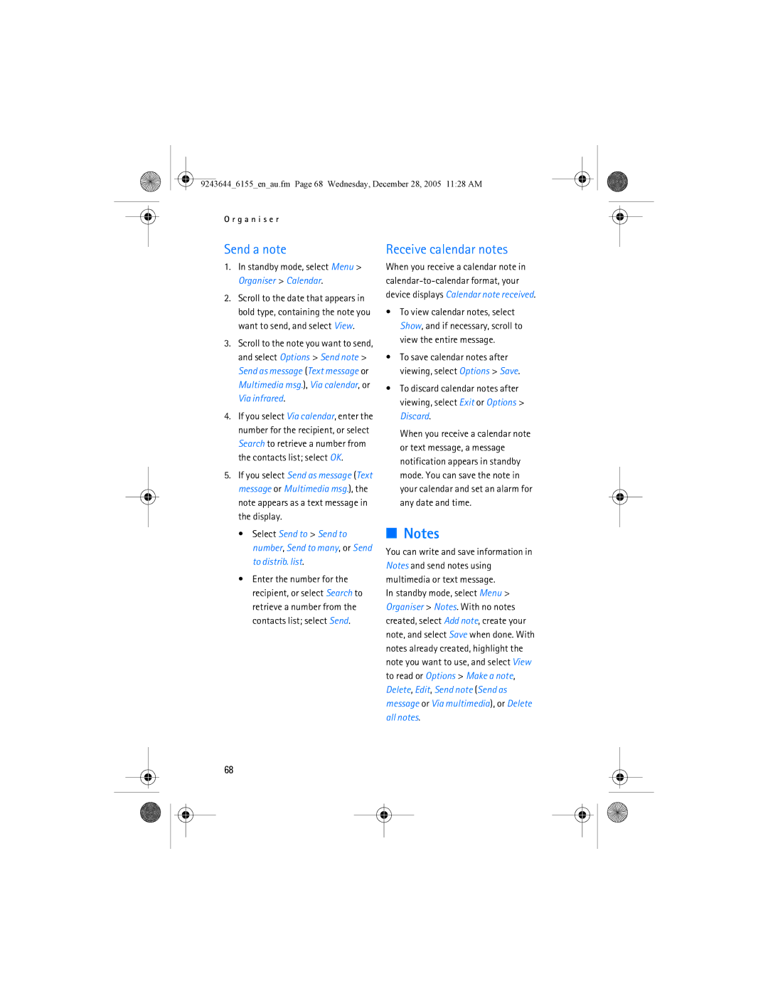 Nokia 6155 manual Send a note, Receive calendar notes 