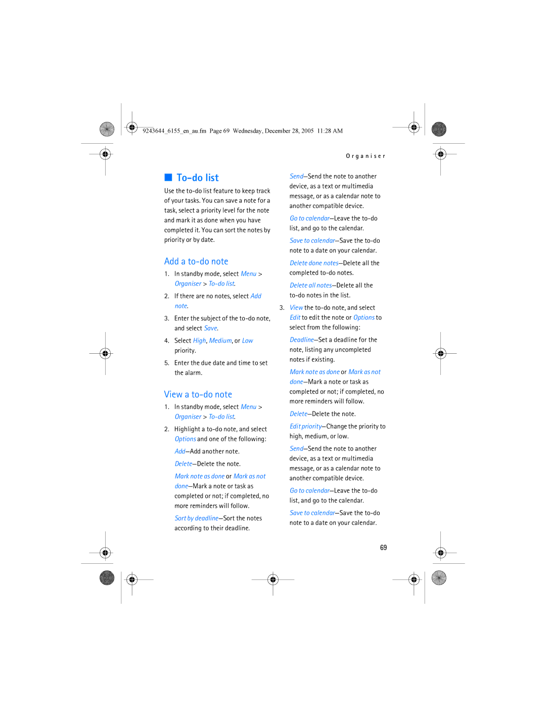 Nokia 6155 manual To-do list, Add a to-do note, View a to-do note, Delete-Delete the note 