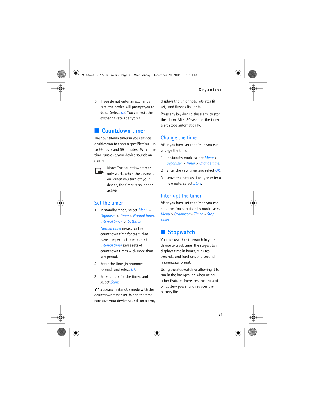 Nokia 6155 manual Countdown timer, Stopwatch, Change the time, Set the timer, Interrupt the timer 