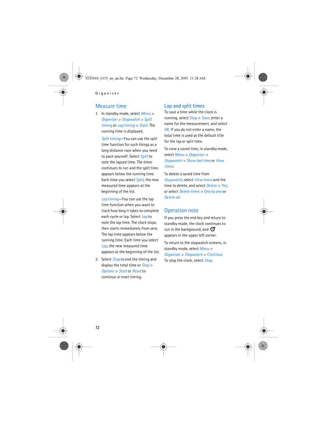 Nokia 6155 manual Measure time, Operation note, Lap and split times 