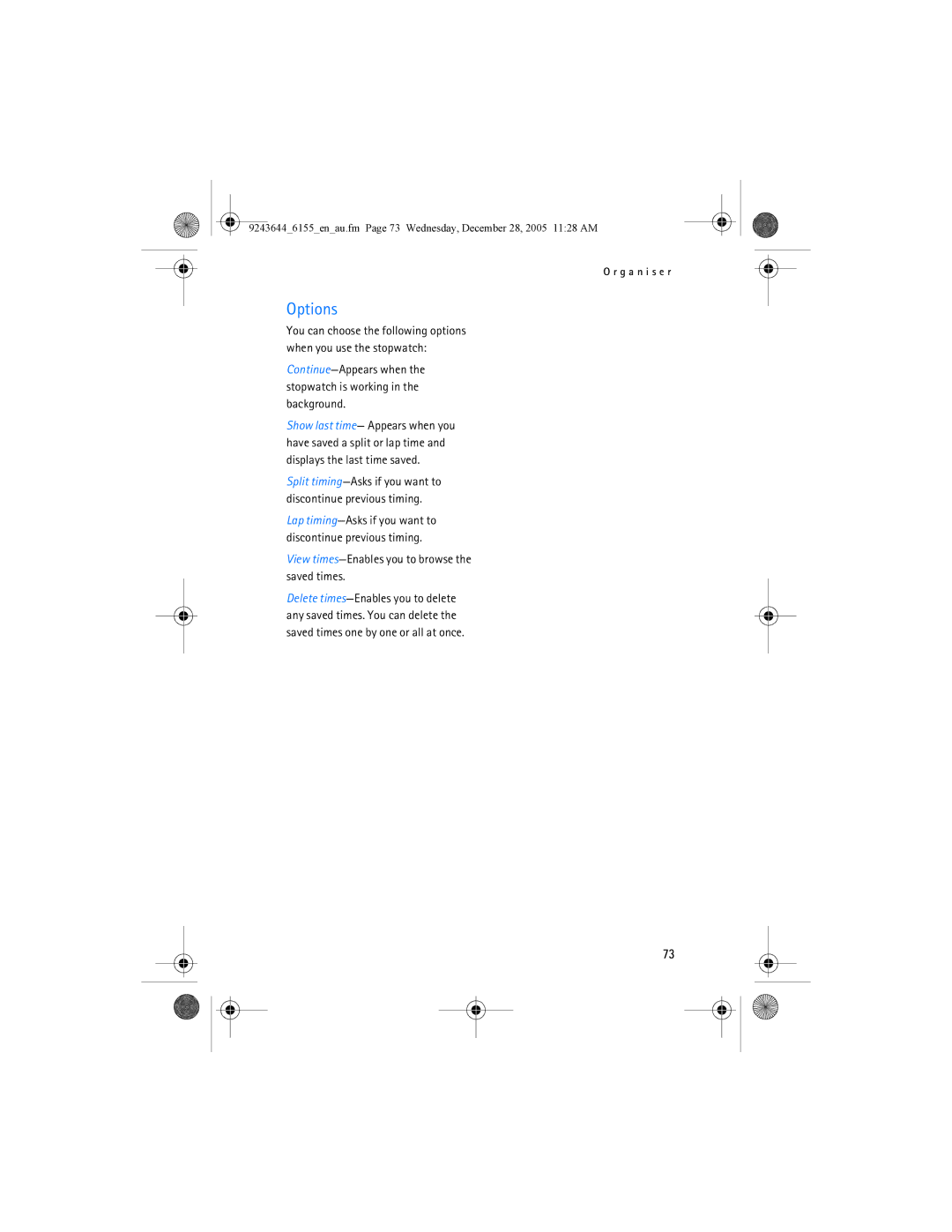 Nokia 6155 manual Options, View times-Enables you to browse the saved times 