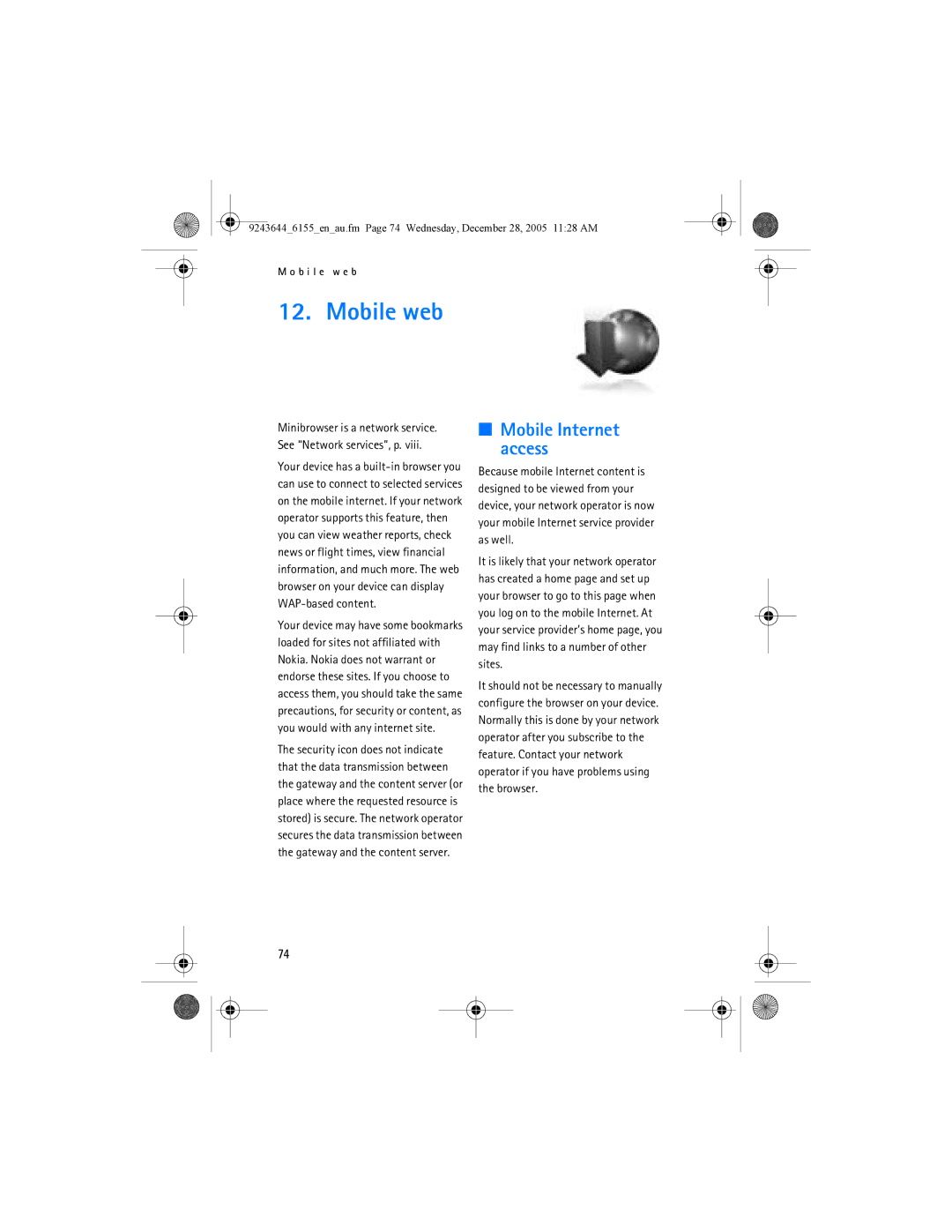 Nokia 6155 manual Mobile web, Mobile Internet access 