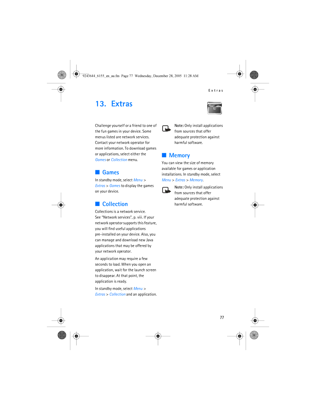 Nokia 6155 manual Extras, Games, Collection, Memory 