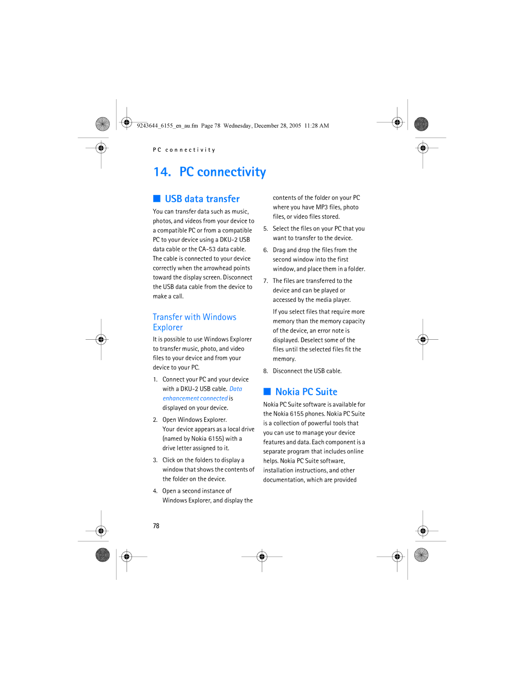 Nokia 6155 manual PC connectivity, USB data transfer, Nokia PC Suite, Transfer with Windows Explorer 