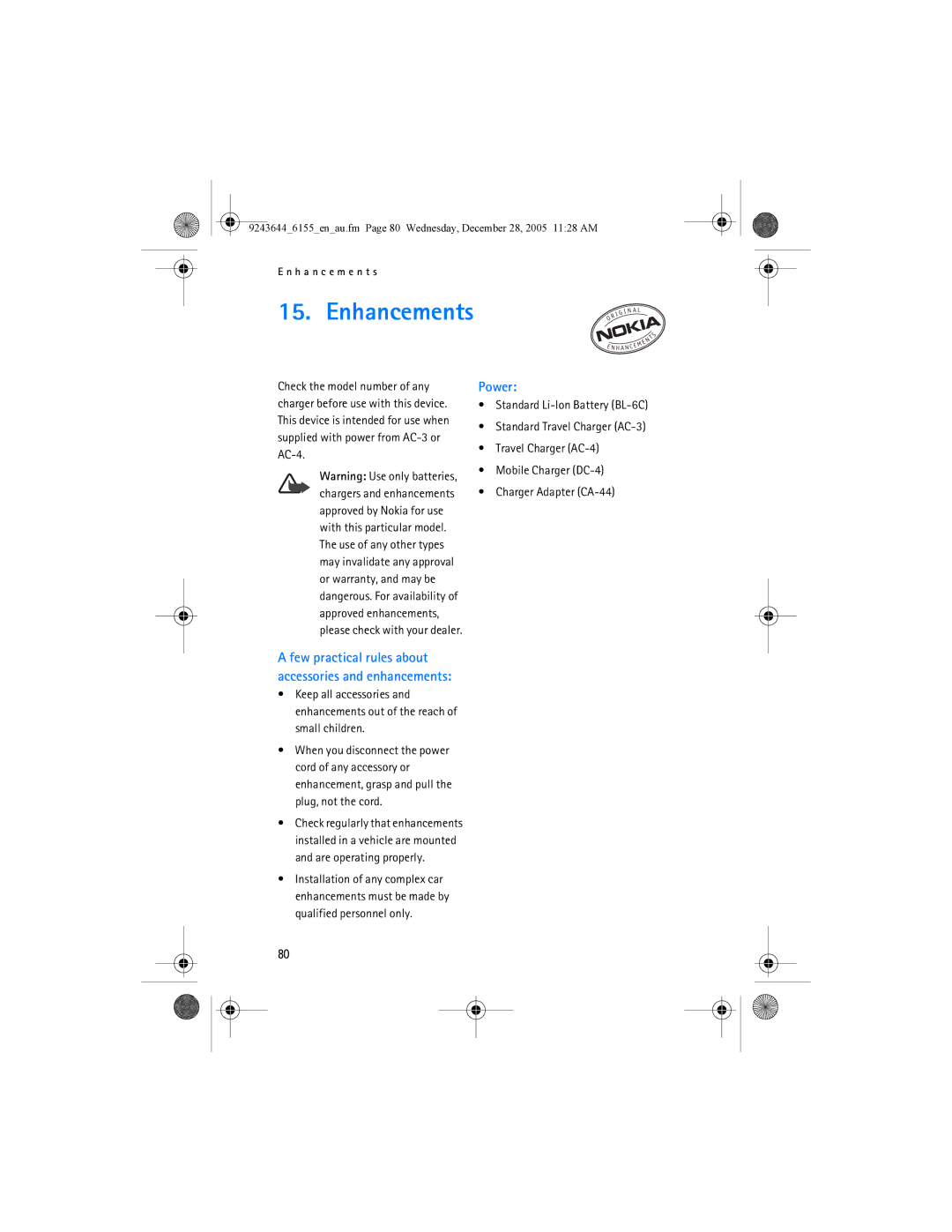 Nokia 6155 manual Enhancements, Power 