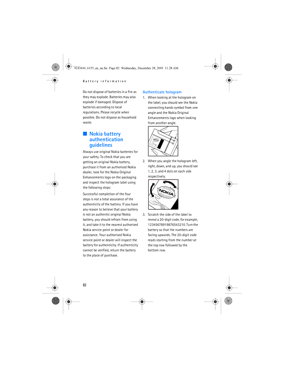 Nokia 6155 manual Nokia battery authentication guidelines 