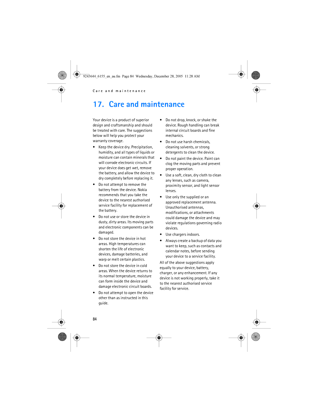 Nokia 6155 manual Care and maintenance, Use chargers indoors 