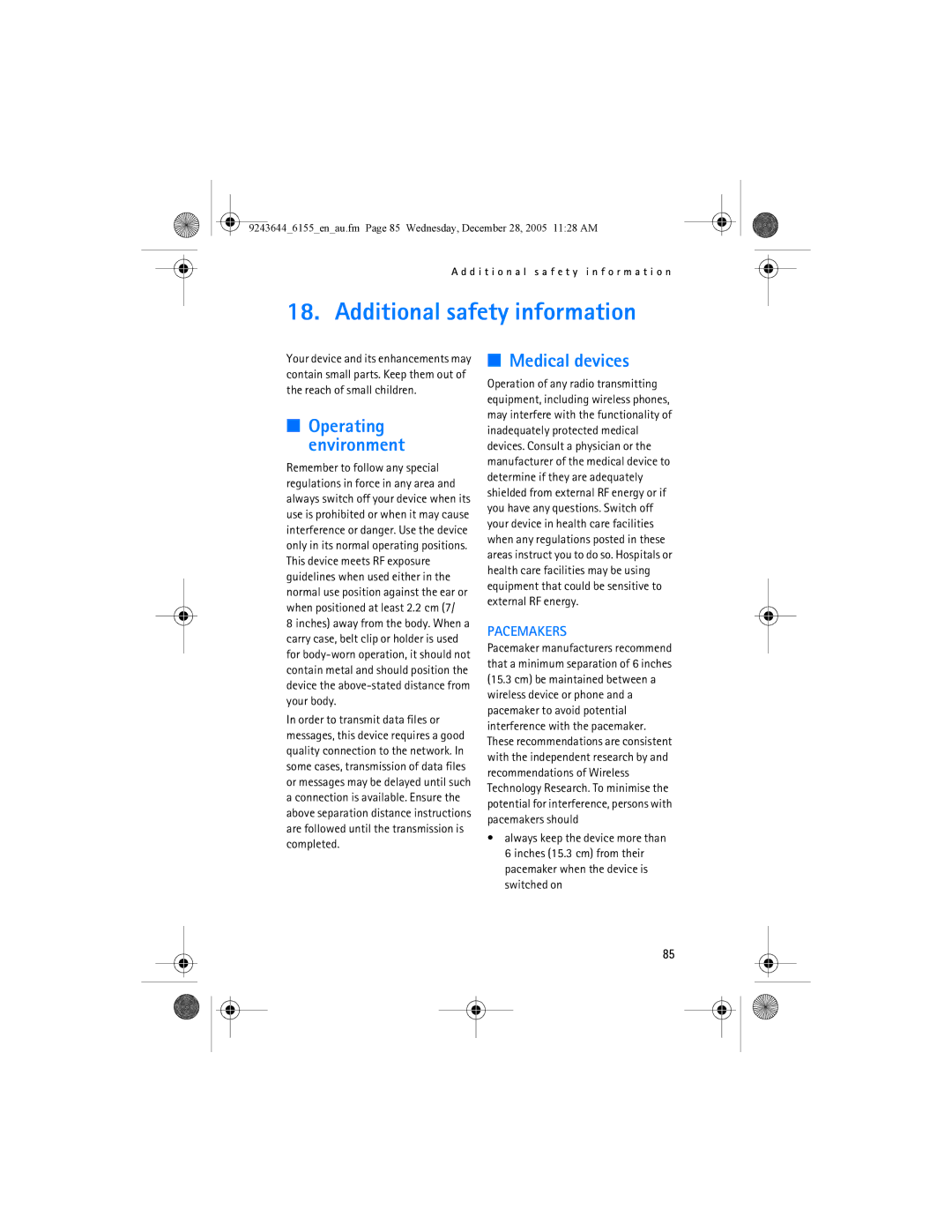 Nokia 6155 manual Additional safety information, Medical devices, Operating environment 