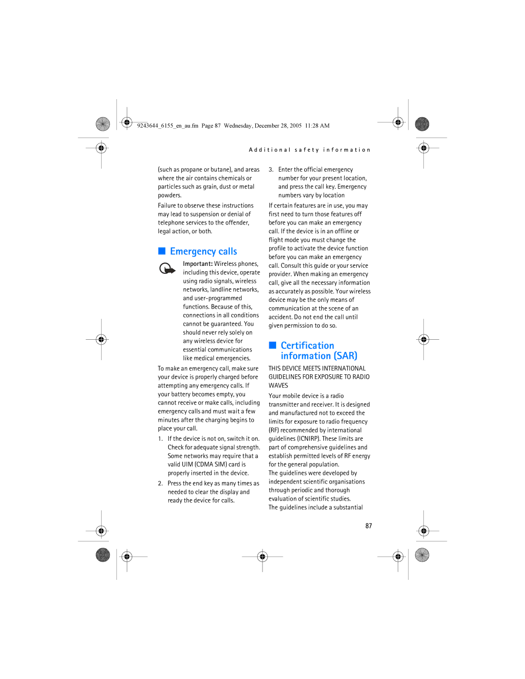 Nokia 6155 manual Emergency calls, Guidelines include a substantial 