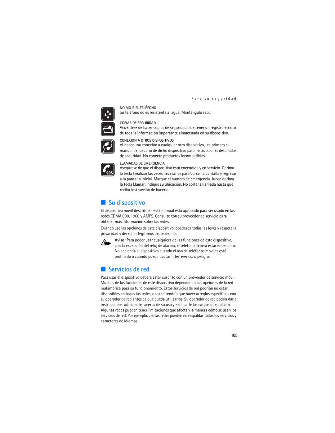 Nokia 6155i manual Su dispositivo, Servicios de red, 105, Su teléfono no es resistente al agua. Manténgalo seco 