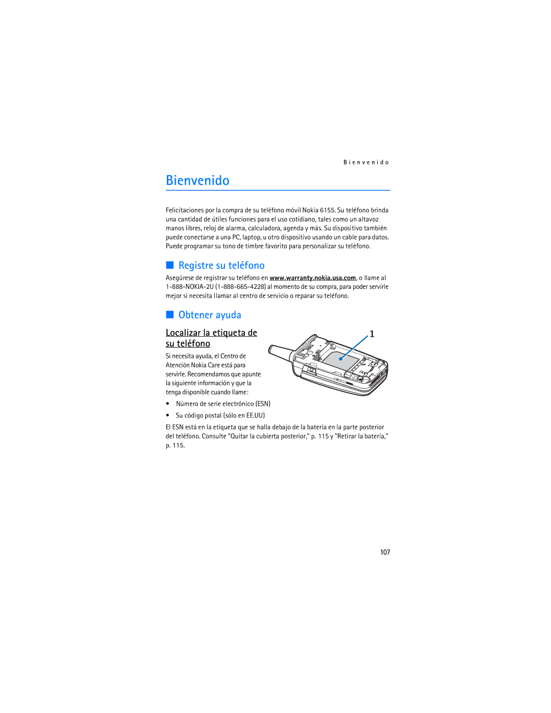 Nokia 6155i manual Bienvenido, Registre su teléfono Obtener ayuda, 107 
