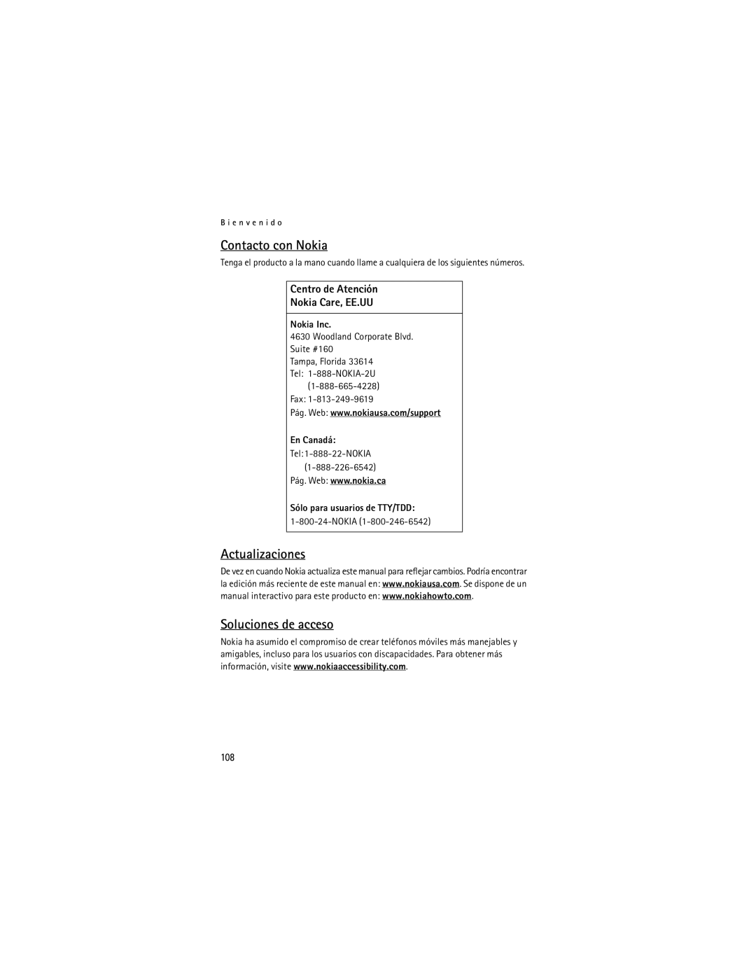 Nokia 6155i manual Contacto con Nokia, Actualizaciones Soluciones de acceso, Centro de Atención Nokia Care, EE.UU, 108 