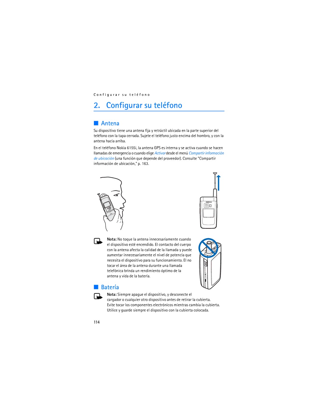 Nokia 6155i manual Configurar su teléfono, Antena, Batería, Nota Siempre apague el dispositivo, y desconecte el 