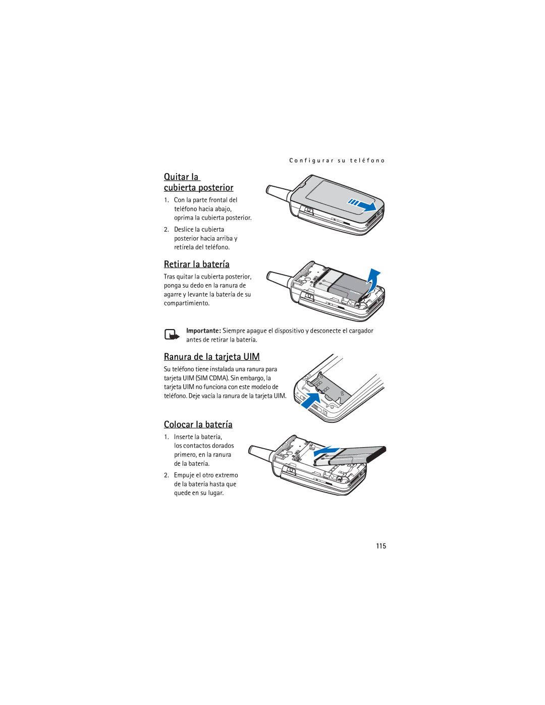 Nokia 6155i manual Retirar la batería, Ranura de la tarjeta UIM, Colocar la batería, Quitar la cubierta posterior, 115 