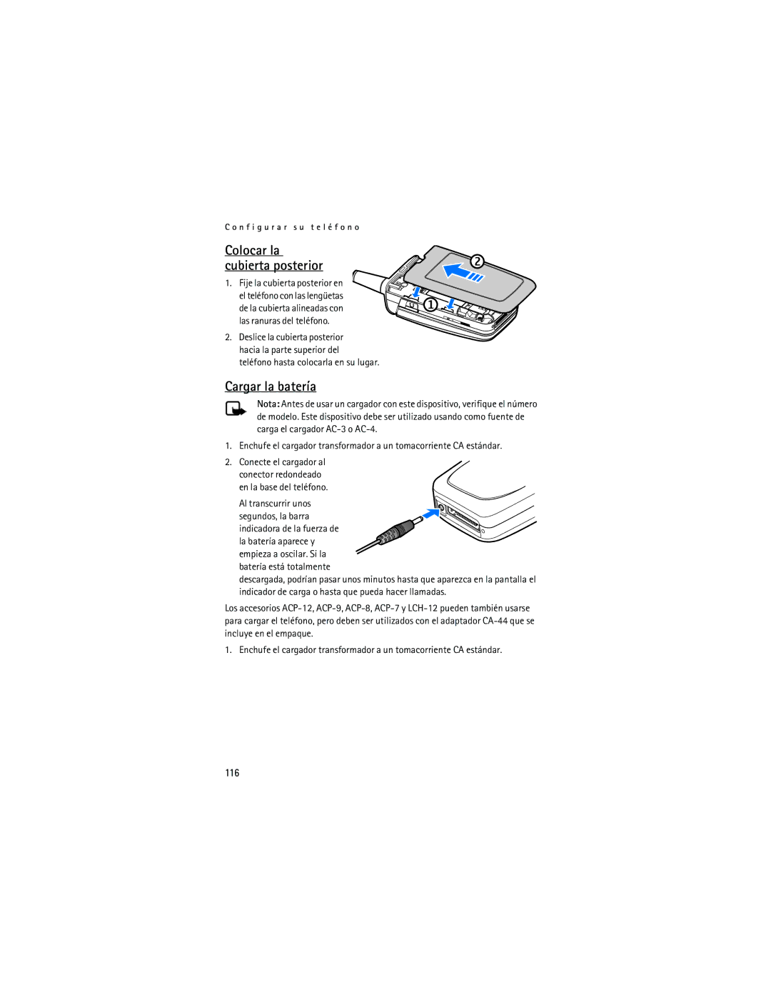 Nokia 6155i manual Cargar la batería, Colocar la cubierta posterior, 116 