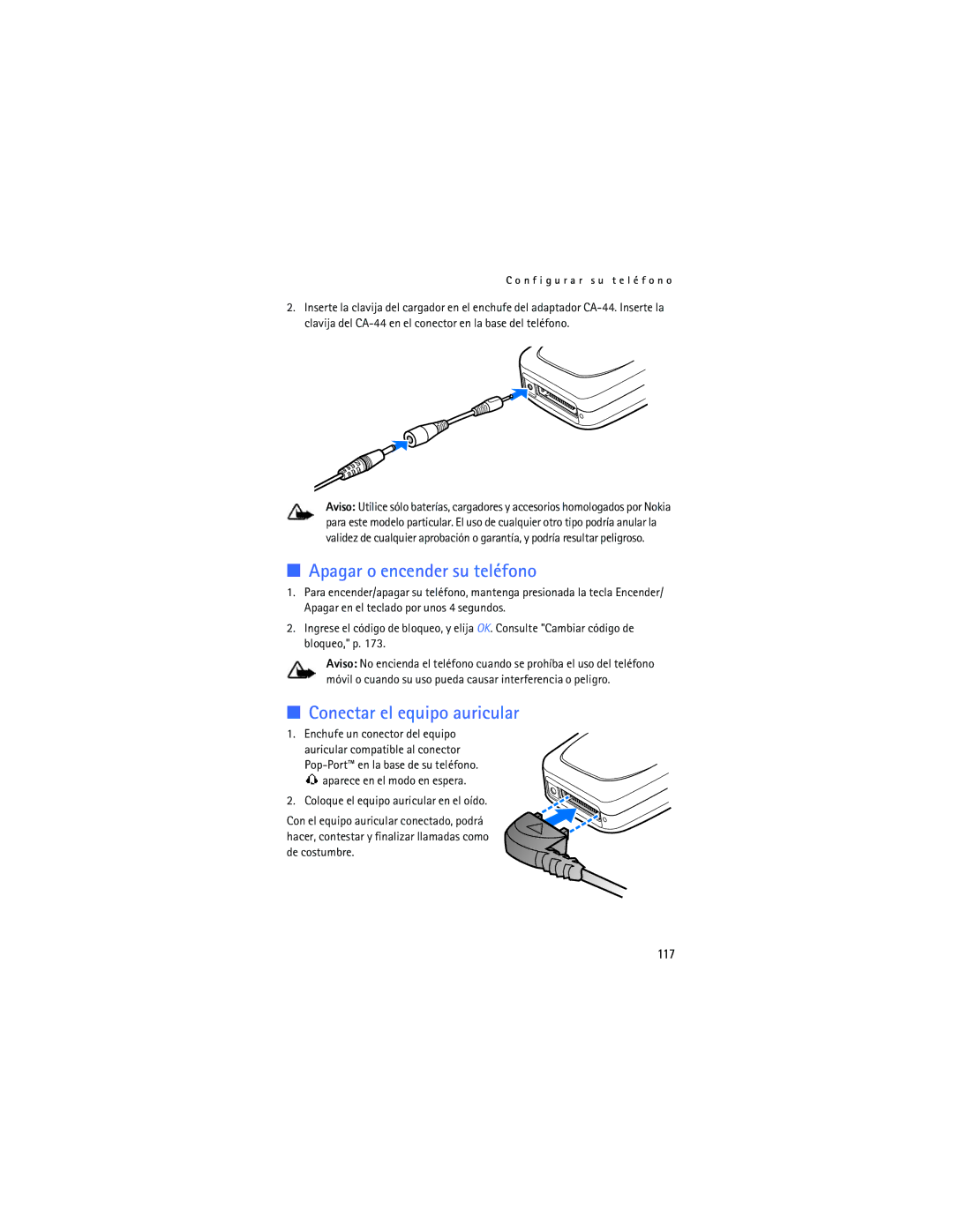 Nokia 6155i manual Apagar o encender su teléfono, Conectar el equipo auricular, 117 