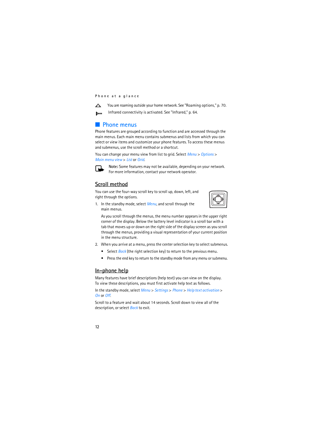 Nokia 6155i manual Phone menus, Scroll method, In-phone help 
