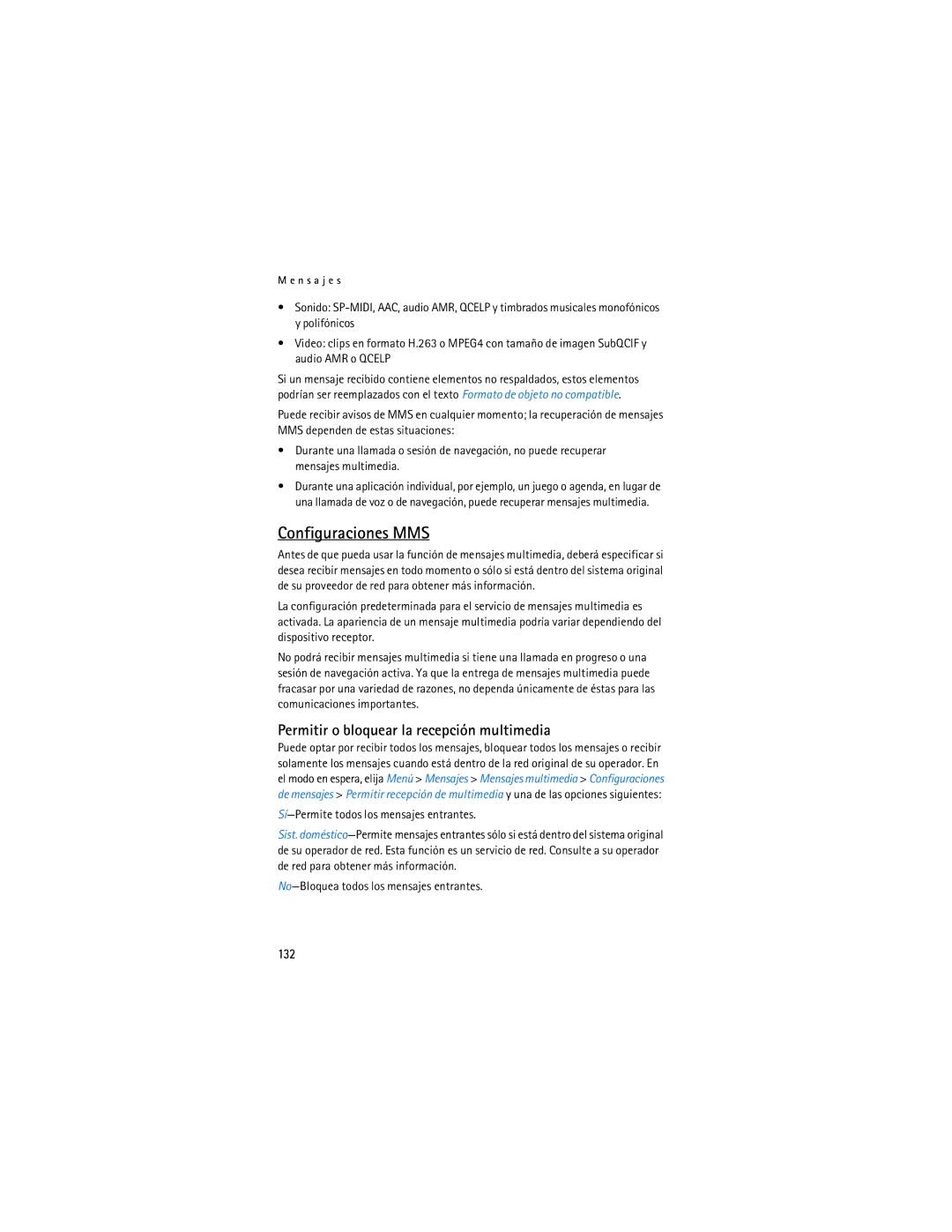 Nokia 6155i manual Configuraciones MMS, Permitir o bloquear la recepción multimedia, 132 