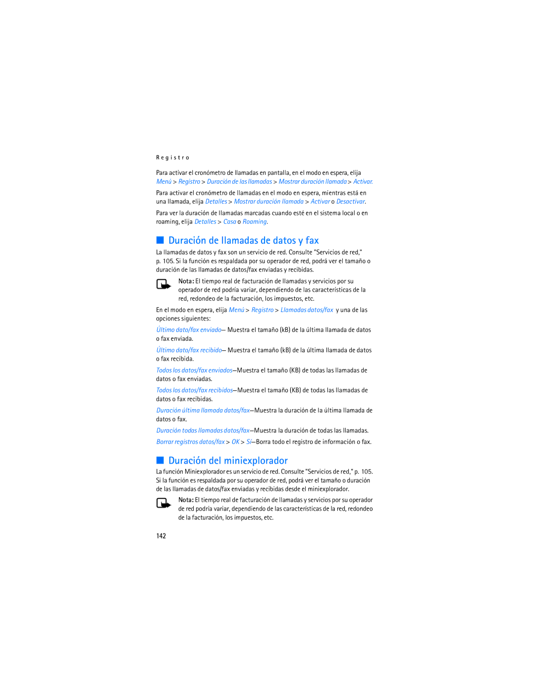 Nokia 6155i manual Duración de llamadas de datos y fax, Duración del miniexplorador, 142 