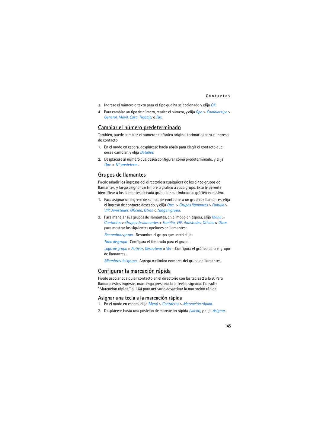 Nokia 6155i manual Cambiar el número predeterminado, Grupos de llamantes, Configurar la marcación rápida, 145 