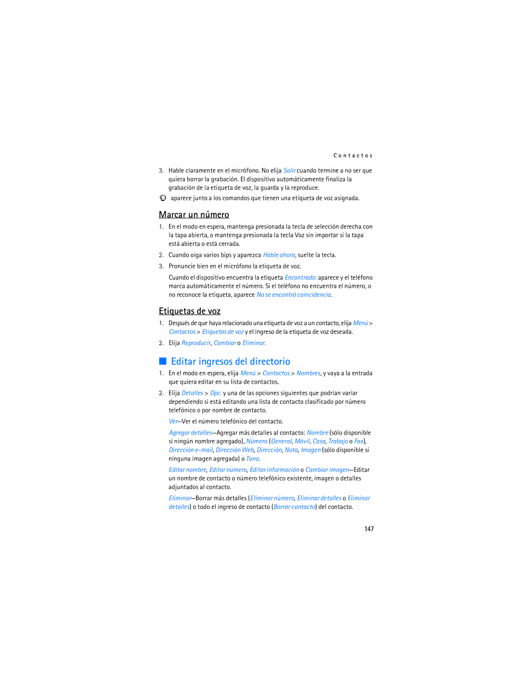 Nokia 6155i manual Editar ingresos del directorio, Marcar un número, Etiquetas de voz, 147 