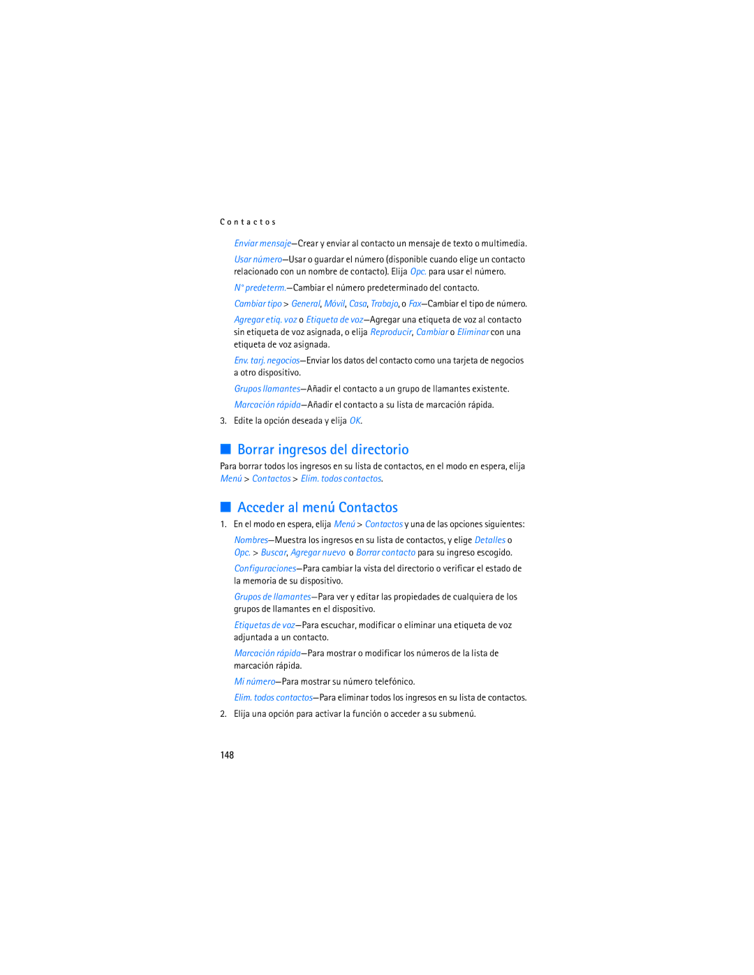 Nokia 6155i manual Borrar ingresos del directorio, Acceder al menú Contactos, 148 