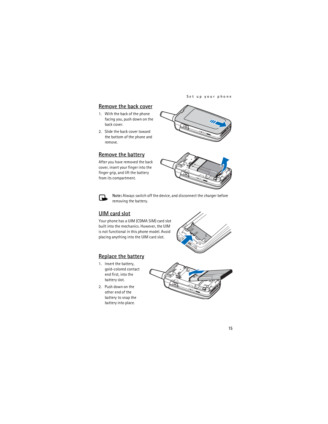 Nokia 6155i manual Remove the back cover, Remove the battery, UIM card slot, Replace the battery 