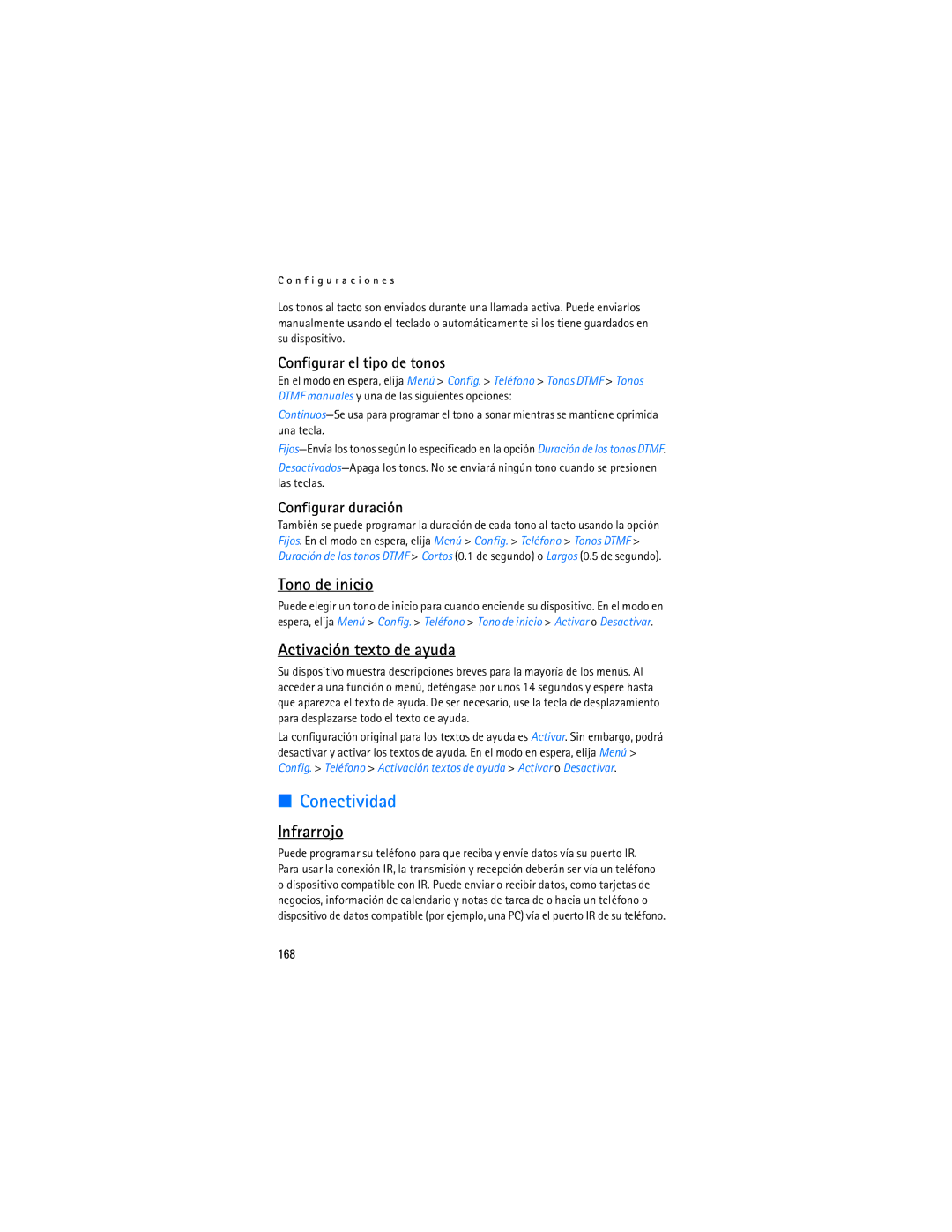 Nokia 6155i manual Conectividad, Tono de inicio, Activación texto de ayuda, Infrarrojo 