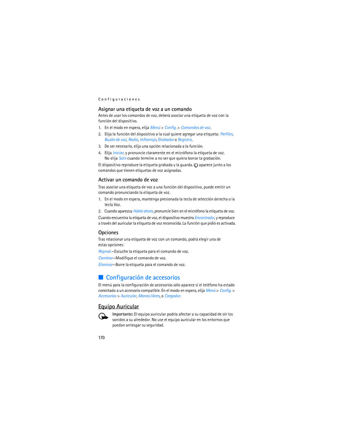Nokia 6155i manual Configuración de accesorios, Equipo Auricular, Asignar una etiqueta de voz a un comando, 170 