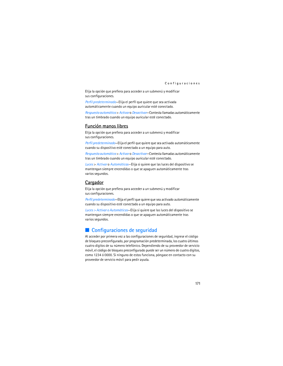 Nokia 6155i manual Configuraciones de seguridad, Cargador, 171 