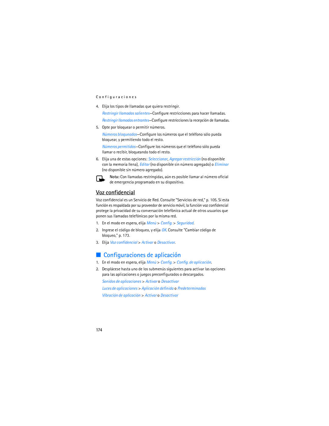 Nokia 6155i manual Configuraciones de aplicación, Voz confidencial, 174, Elija los tipos de llamadas que quiera restringir 
