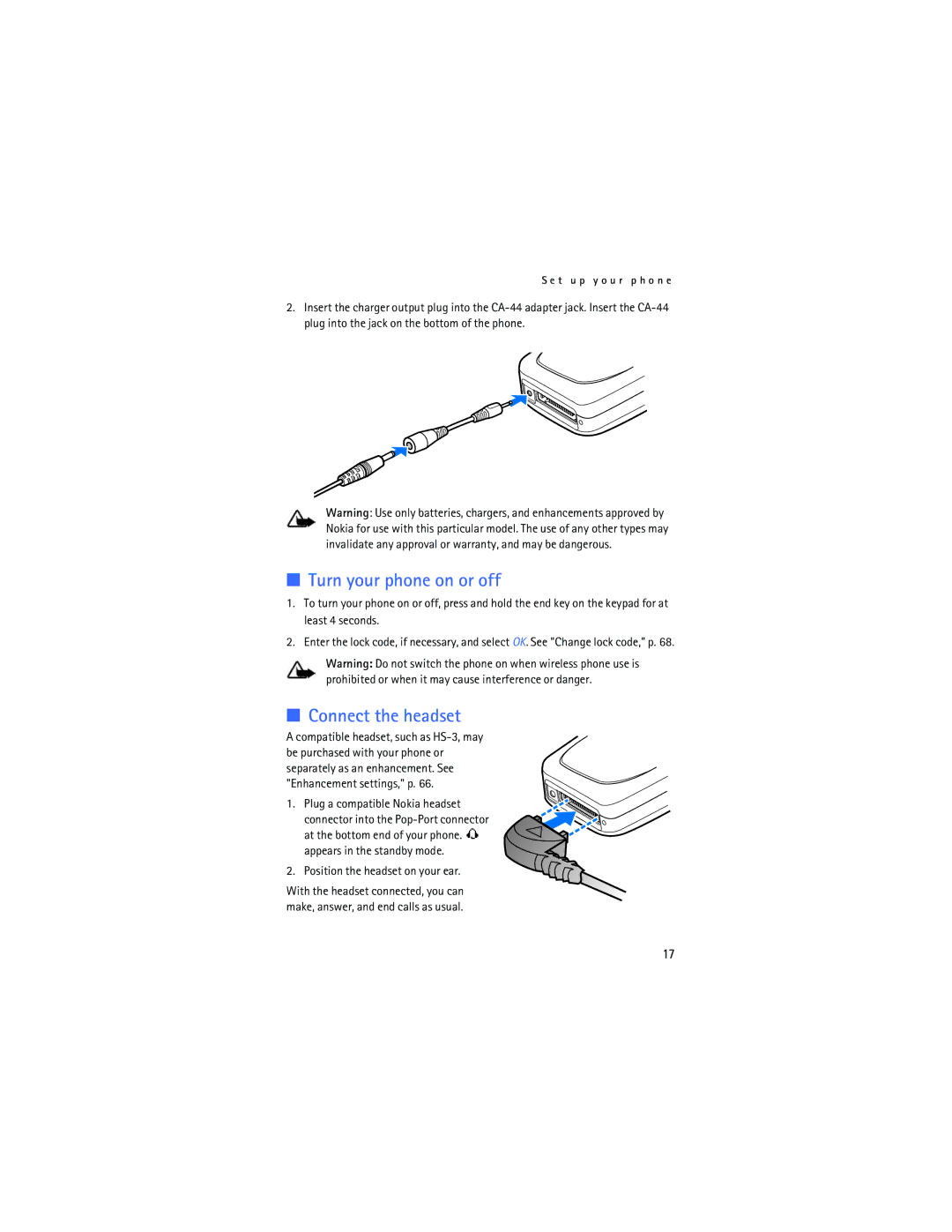 Nokia 6155i Turn your phone on or off, Connect the headset, Enhancement settings, p, Position the headset on your ear 