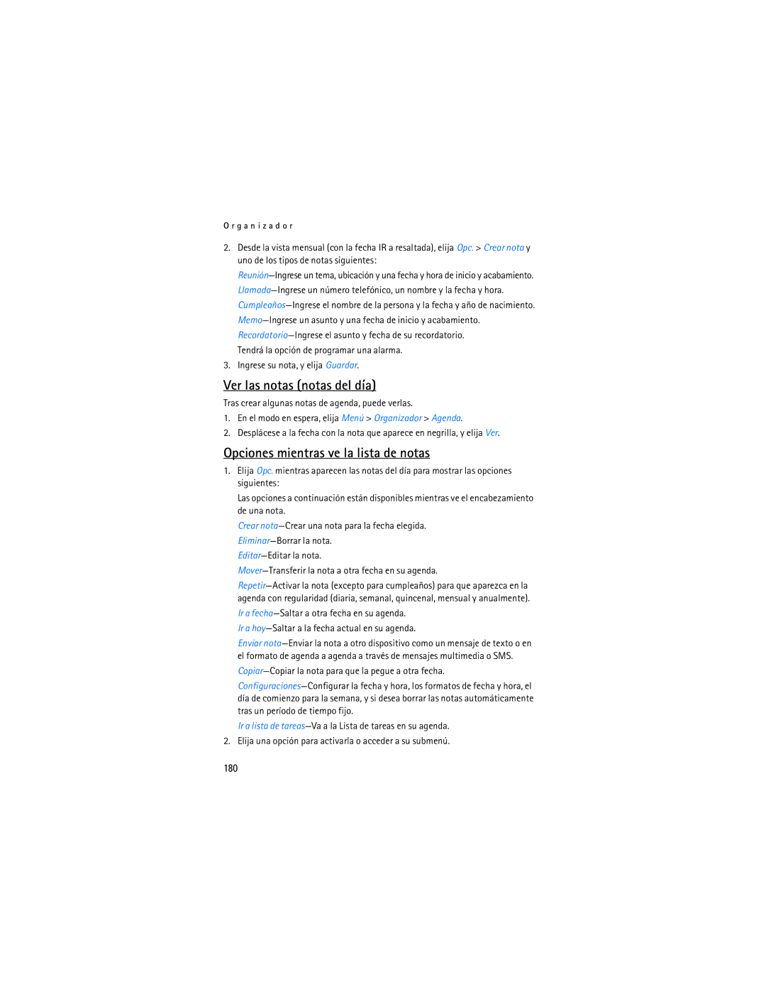 Nokia 6155i manual Ver las notas notas del día, Opciones mientras ve la lista de notas, 180 