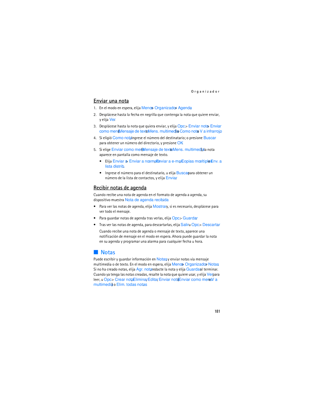Nokia 6155i manual Notas, Enviar una nota, Recibir notas de agenda, 181 