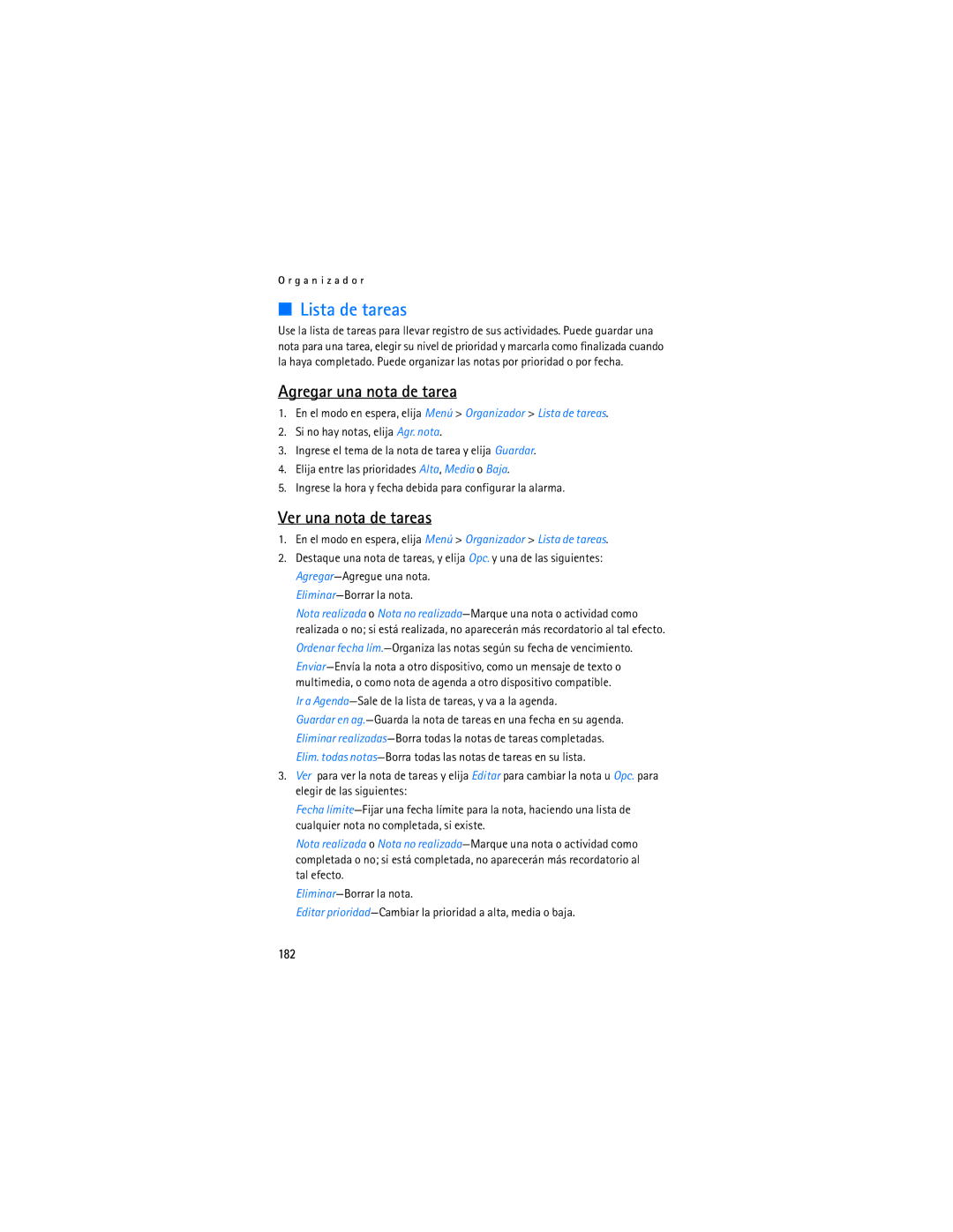 Nokia 6155i manual Lista de tareas, Agregar una nota de tarea, Ver una nota de tareas, 182 