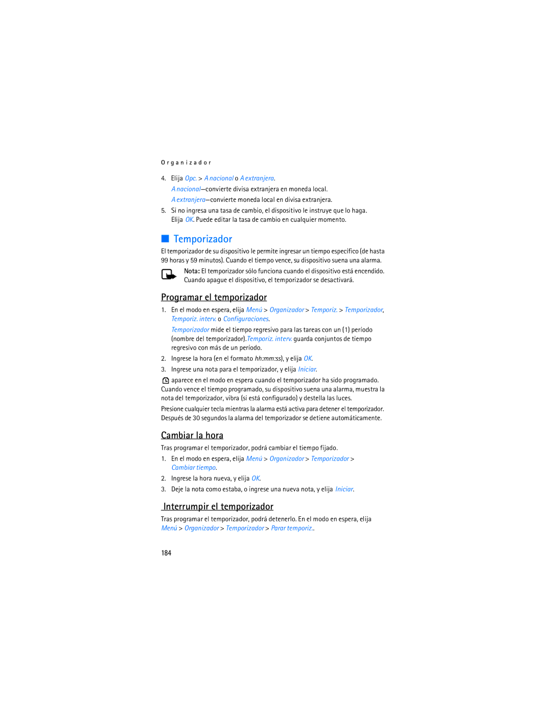 Nokia 6155i manual Temporizador, Programar el temporizador, Cambiar la hora, Interrumpir el temporizador, 184 