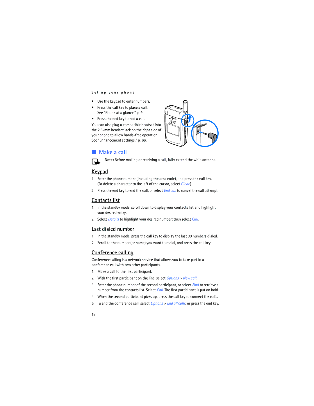 Nokia 6155i manual Make a call, Keypad, Contacts list, Last dialed number, Conference calling 