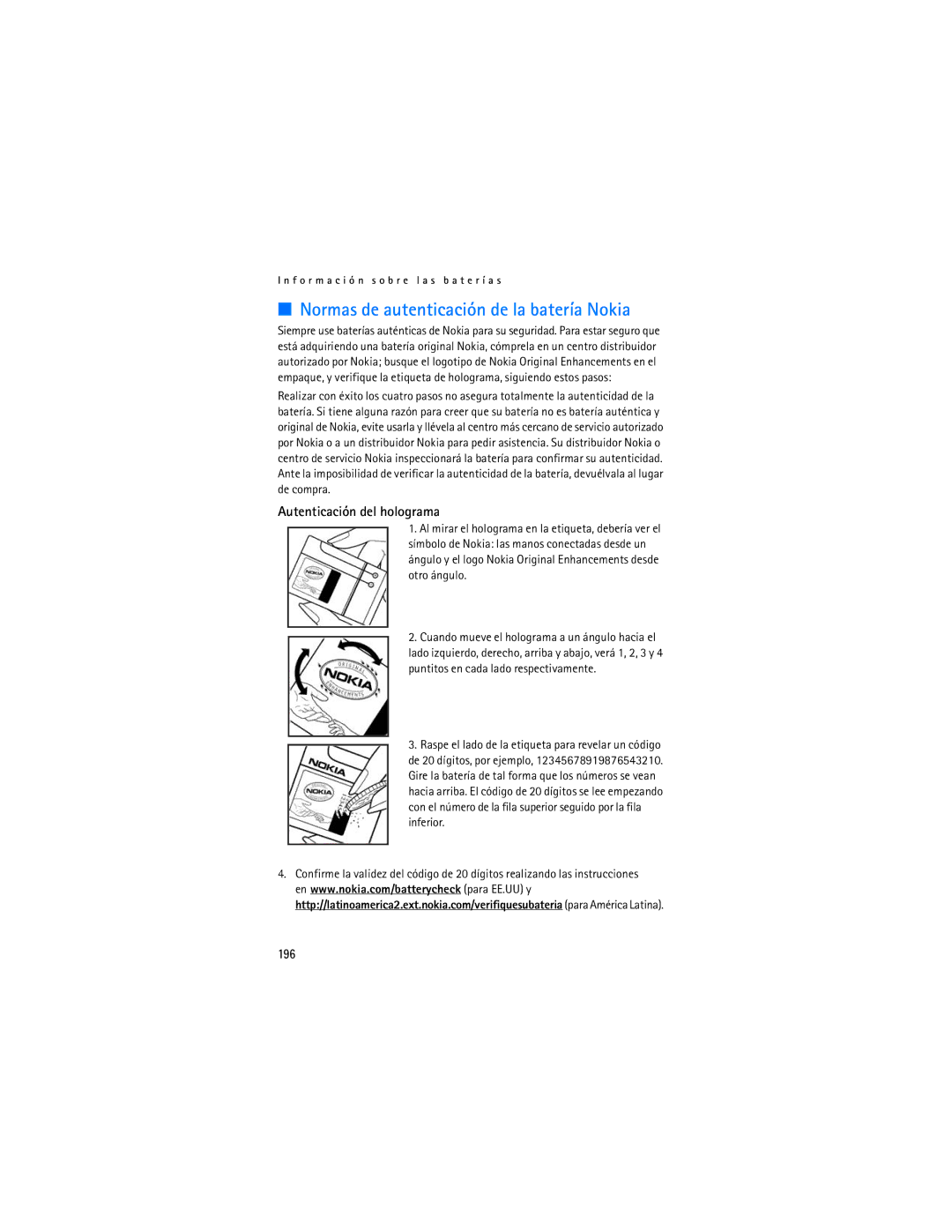Nokia 6155i manual Normas de autenticación de la batería Nokia, Autenticación del holograma, 196 