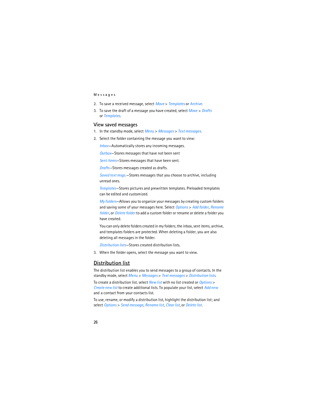 Nokia 6155i manual Distribution list, View saved messages, Standby mode, select Menu Messages Text messages 