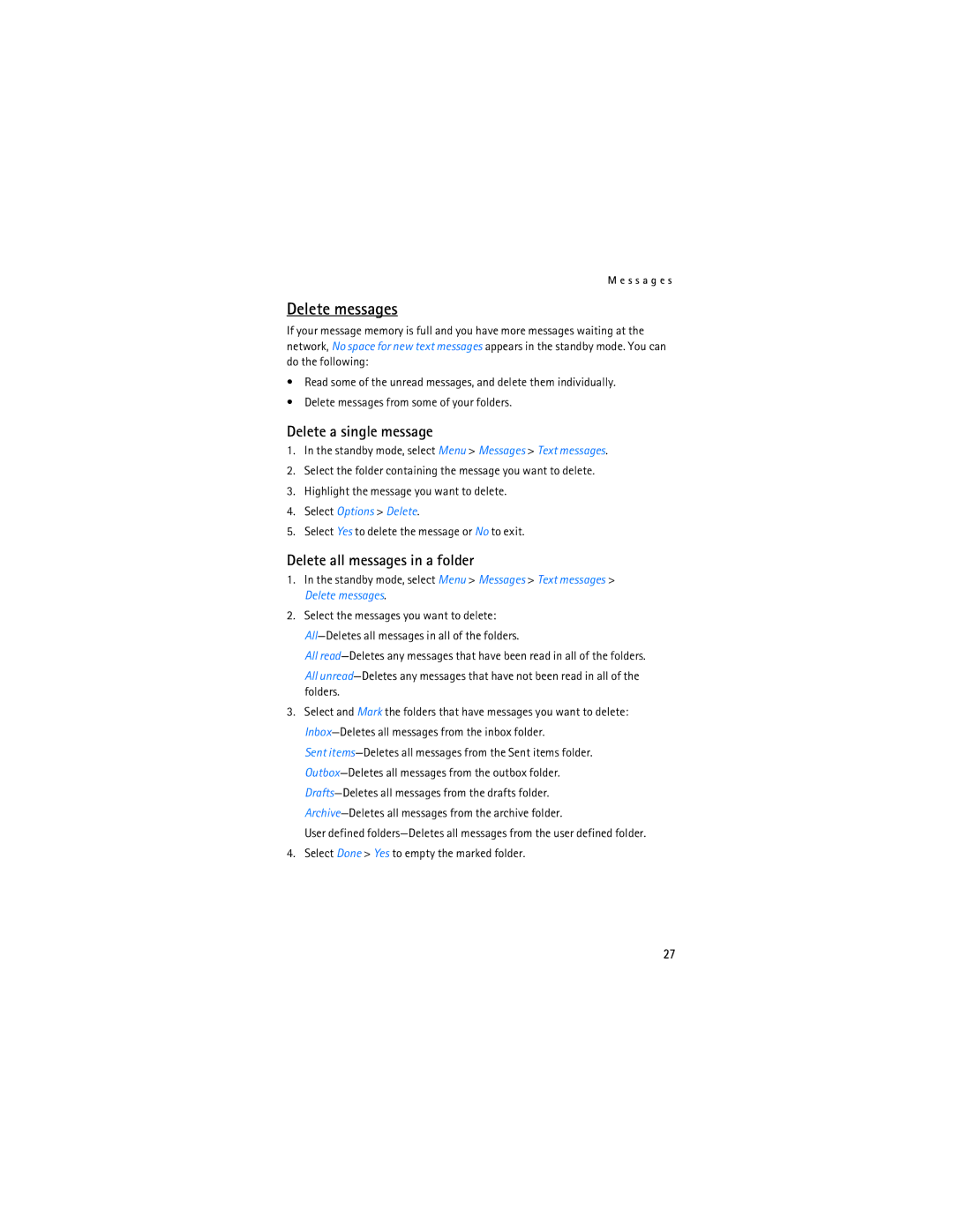 Nokia 6155i manual Delete messages, Delete a single message, Delete all messages in a folder 