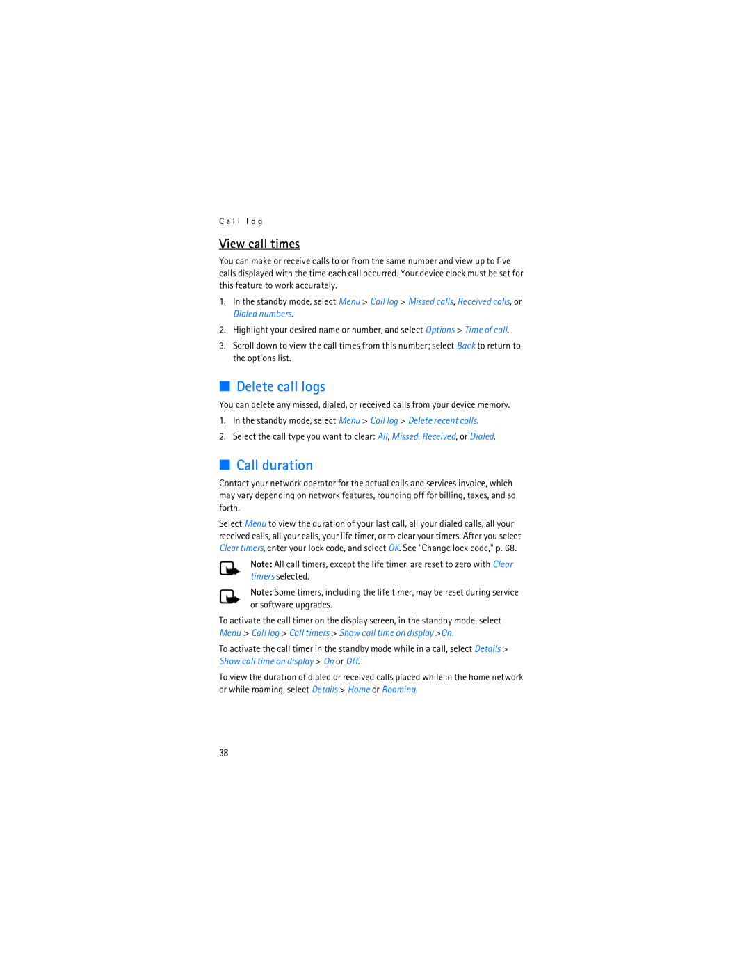 Nokia 6155i manual Delete call logs, Call duration, View call times 