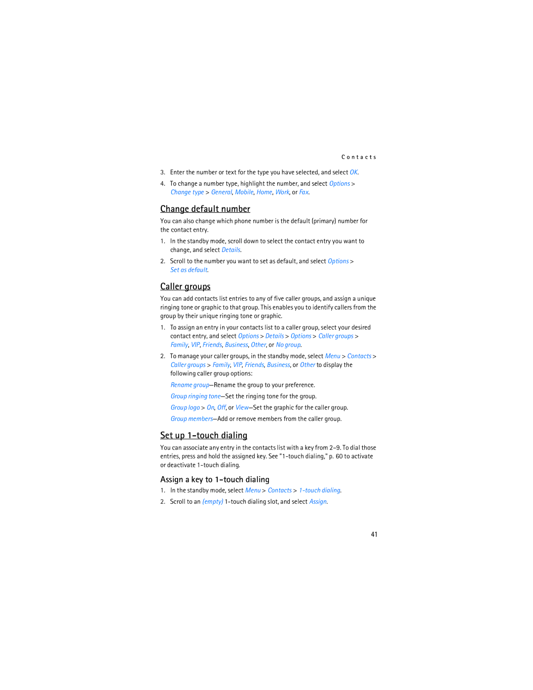 Nokia 6155i manual Change default number, Caller groups, Set up 1-touch dialing, Assign a key to 1-touch dialing 
