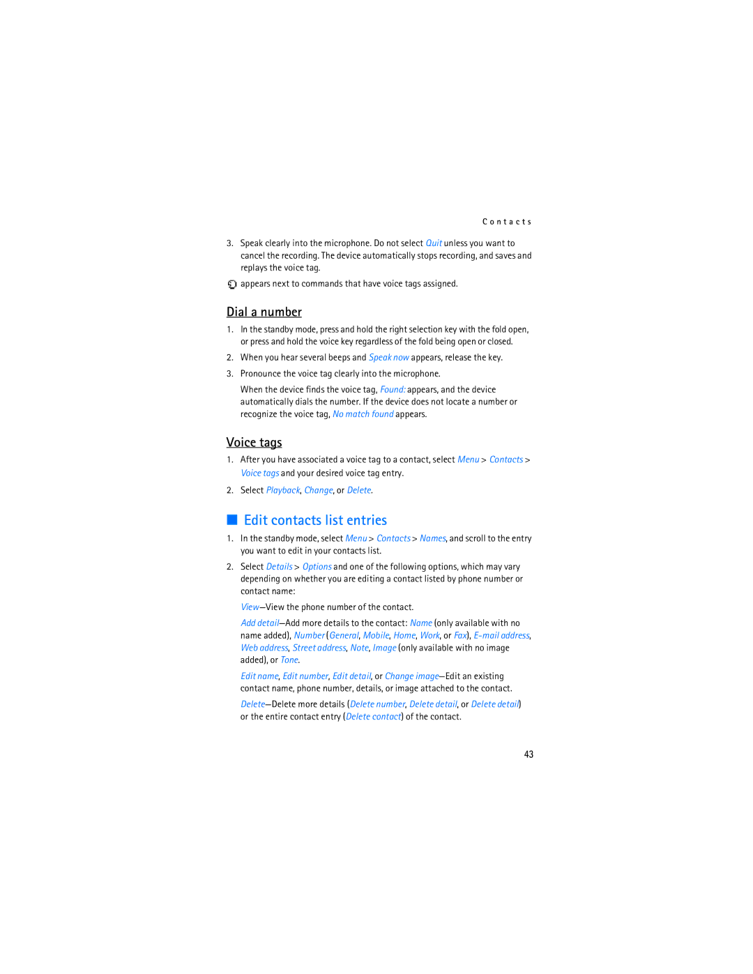 Nokia 6155i manual Edit contacts list entries, Dial a number, Voice tags 
