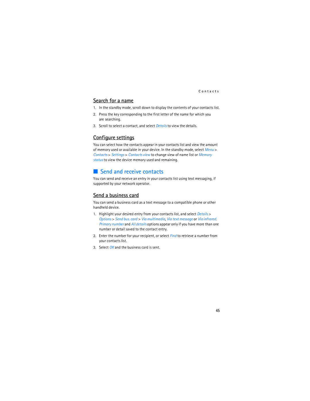 Nokia 6155i manual Send and receive contacts, Search for a name, Configure settings, Send a business card 
